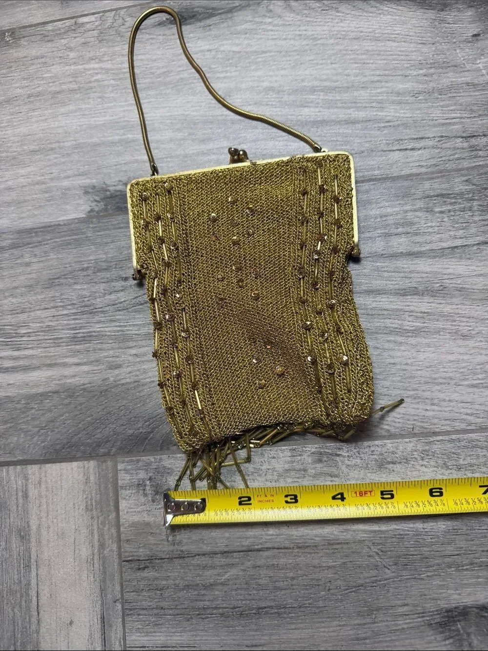Vintage Gold Beaded Evening Bag with Fringe and Diamond Accented Snap Closure